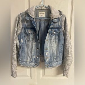 Eightytwo denim Distressed jean
jacket with grey sweatshirt sleeves and hood